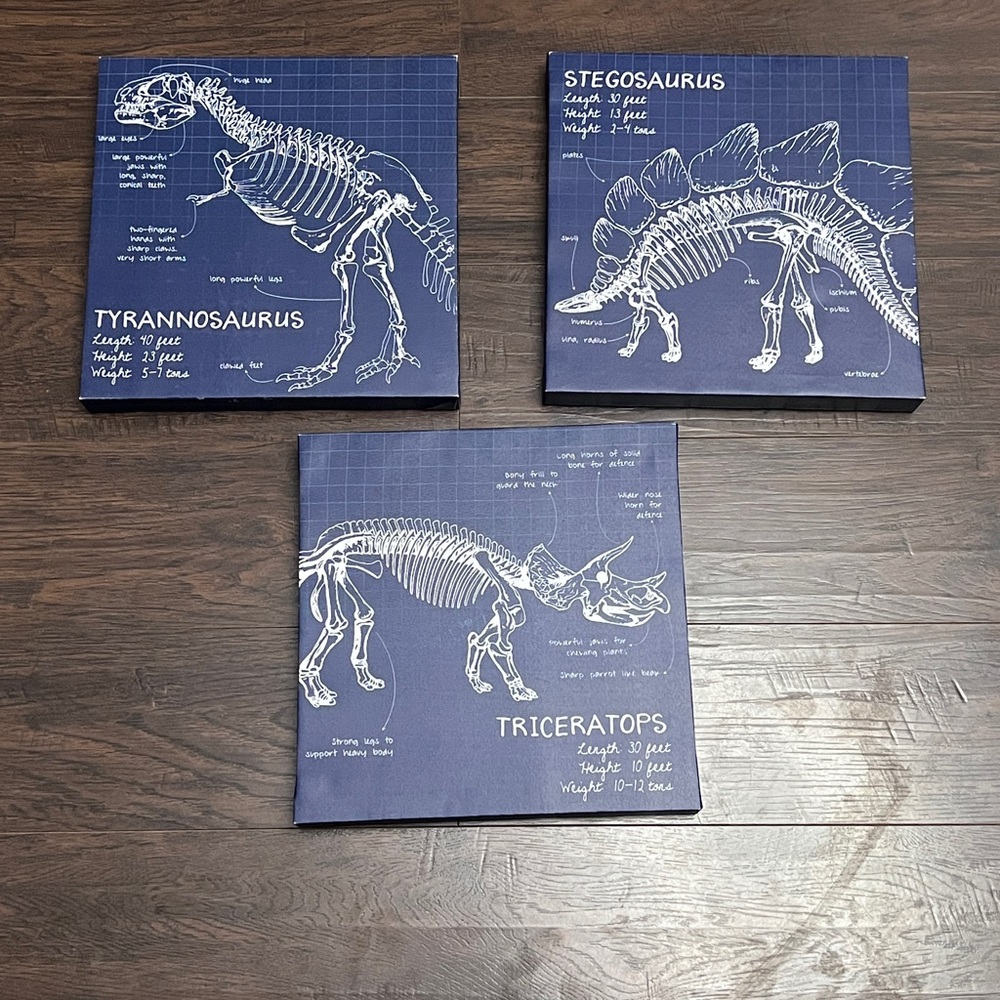 Dinosaur Skeleton Wall Art Trio - Navy Blueprint Prints kids or boys  room